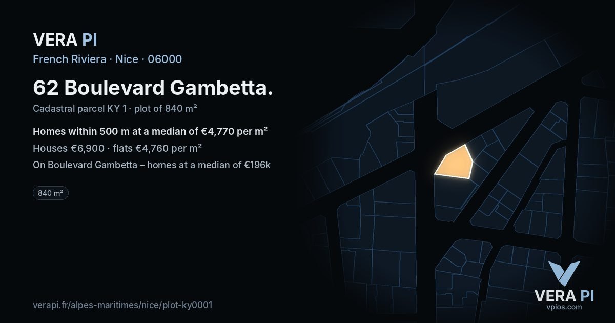 62 Boulevard Gambetta, Nice at night – the plot lit, the parcels around coloured by the prices near them