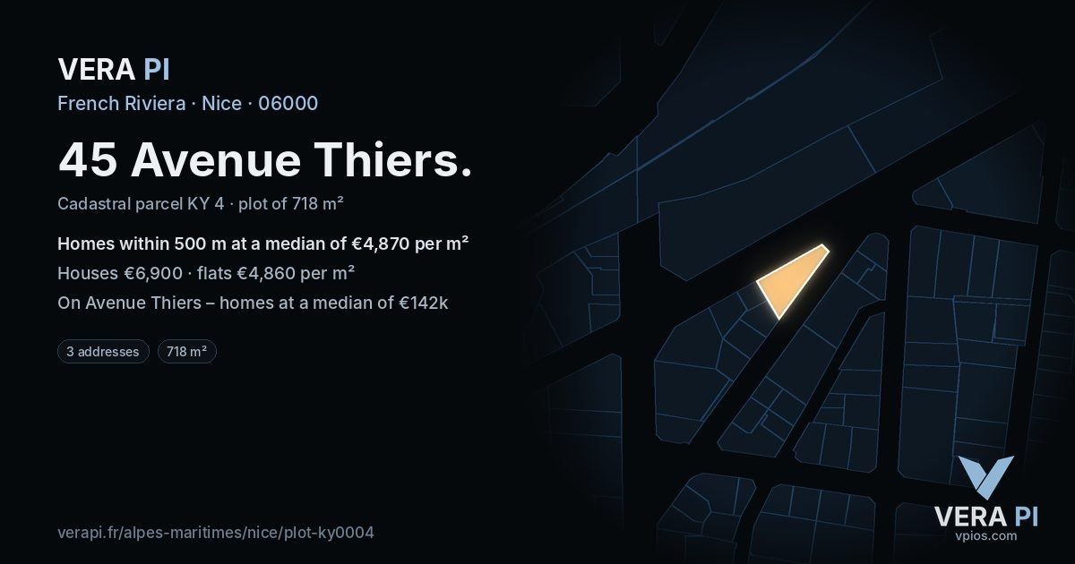 45 Avenue Thiers, Nice at night – the plot lit, the parcels around coloured by the prices near them