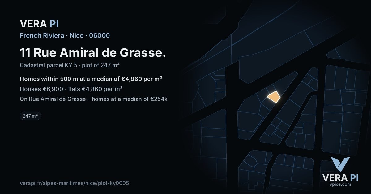 11 Rue Amiral de Grasse, Nice at night – the plot lit, the parcels around coloured by the prices near them