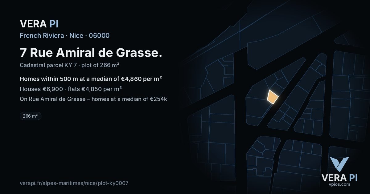 7 Rue Amiral de Grasse, Nice at night – the plot lit, the parcels around coloured by the prices near them