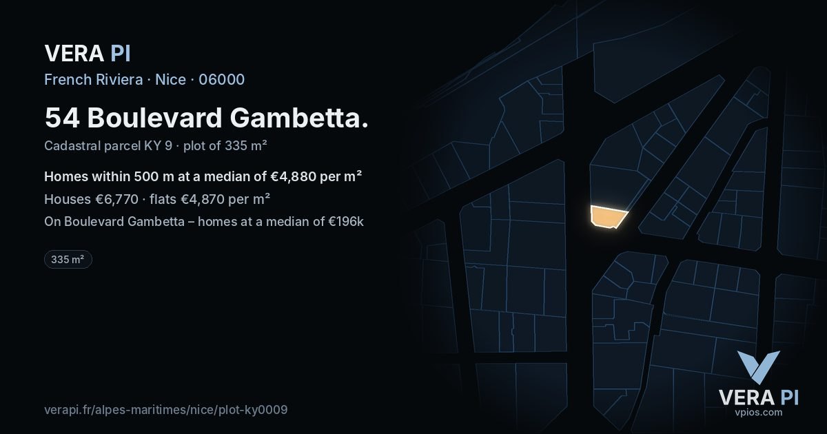 54 Boulevard Gambetta, Nice at night – the plot lit, the parcels around coloured by the prices near them