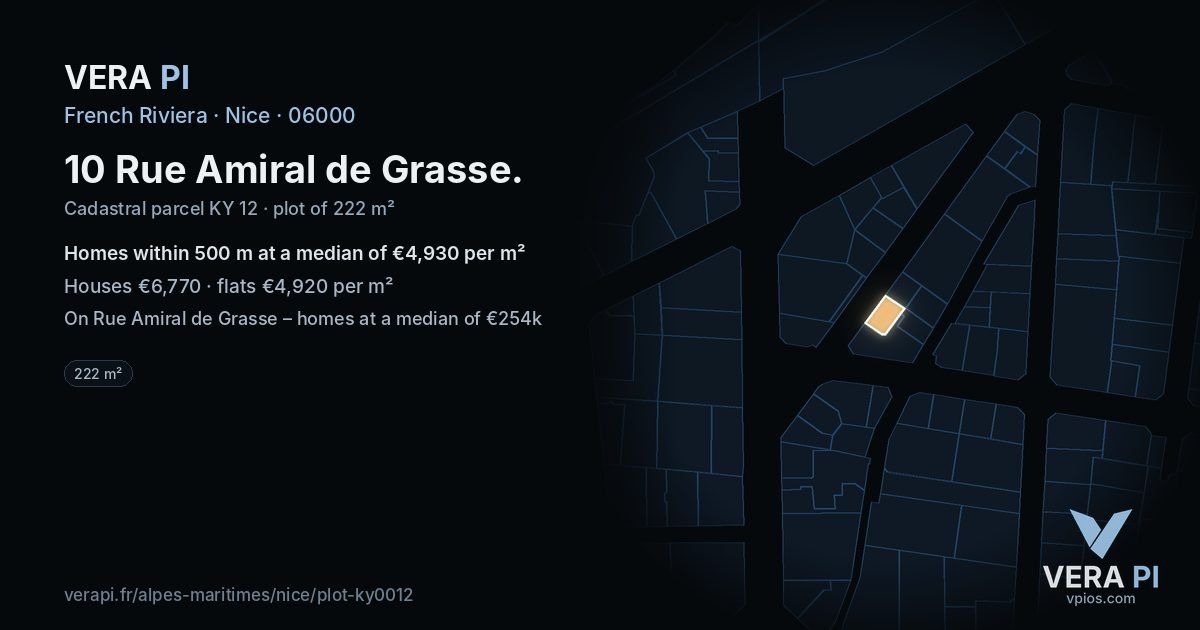 10 Rue Amiral de Grasse, Nice at night – the plot lit, the parcels around coloured by the prices near them