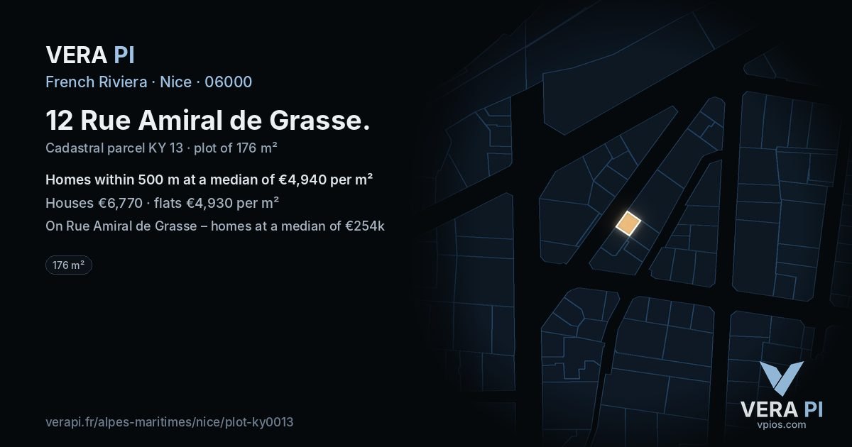 12 Rue Amiral de Grasse, Nice at night – the plot lit, the parcels around coloured by the prices near them