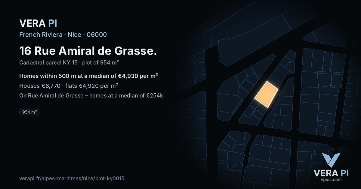 16 Rue Amiral de Grasse, Nice at night – the plot lit, the parcels around coloured by the prices near them