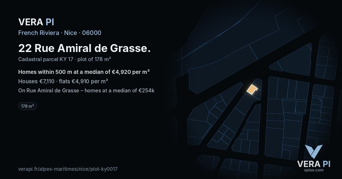 22 Rue Amiral de Grasse, Nice at night – the plot lit, the parcels around coloured by the prices near them