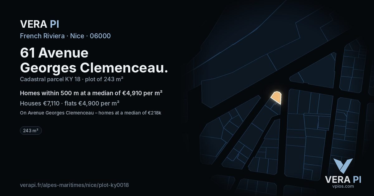 61 Avenue Georges Clemenceau, Nice at night – the plot lit, the parcels around coloured by the prices near them
