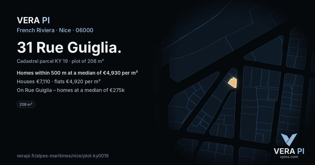 31 Rue Guiglia, Nice at night – the plot lit, the parcels around coloured by the prices near them