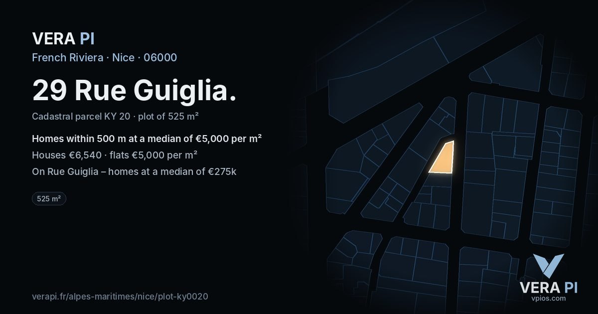 29 Rue Guiglia, Nice at night – the plot lit, the parcels around coloured by the prices near them