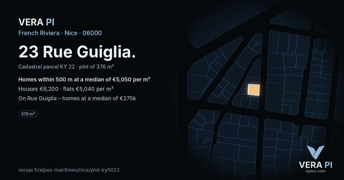 23 Rue Guiglia, Nice at night – the plot lit, the parcels around coloured by the prices near them