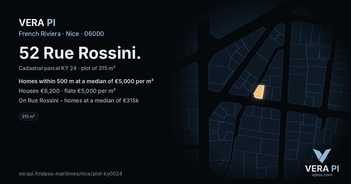 52 Rue Rossini, Nice at night – the plot lit, the parcels around coloured by the prices near them