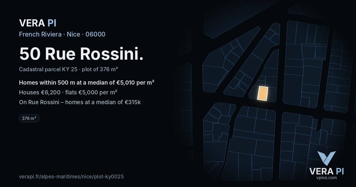50 Rue Rossini, Nice at night – the plot lit, the parcels around coloured by the prices near them