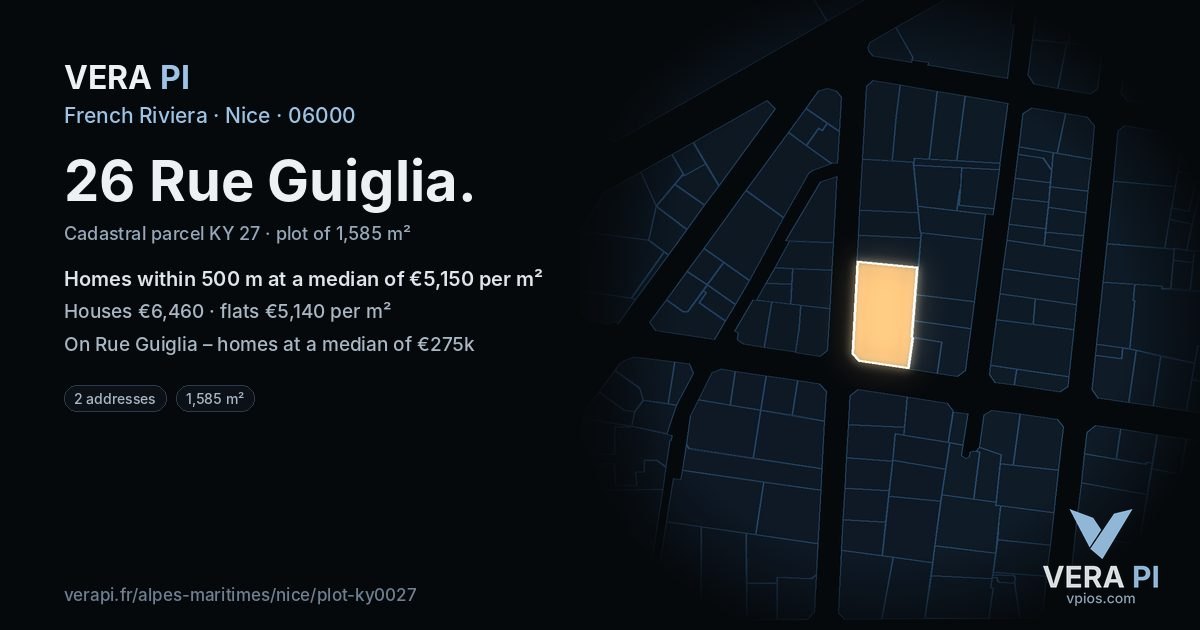 26 Rue Guiglia, Nice at night – the plot lit, the parcels around coloured by the prices near them