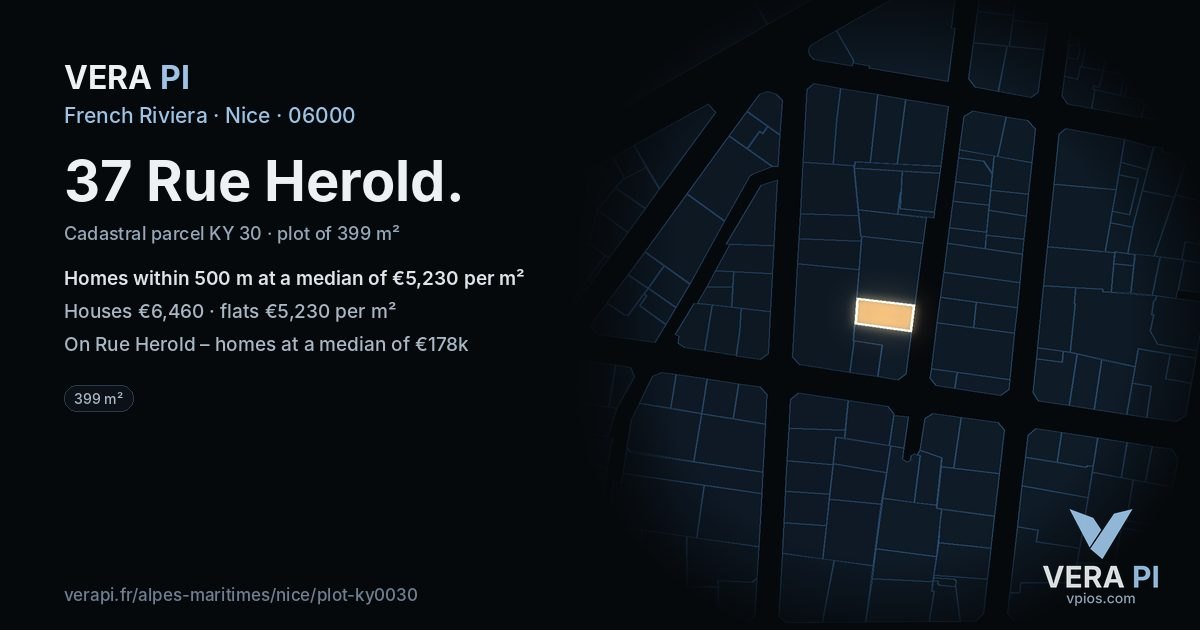 37 Rue Herold, Nice at night – the plot lit, the parcels around coloured by the prices near them