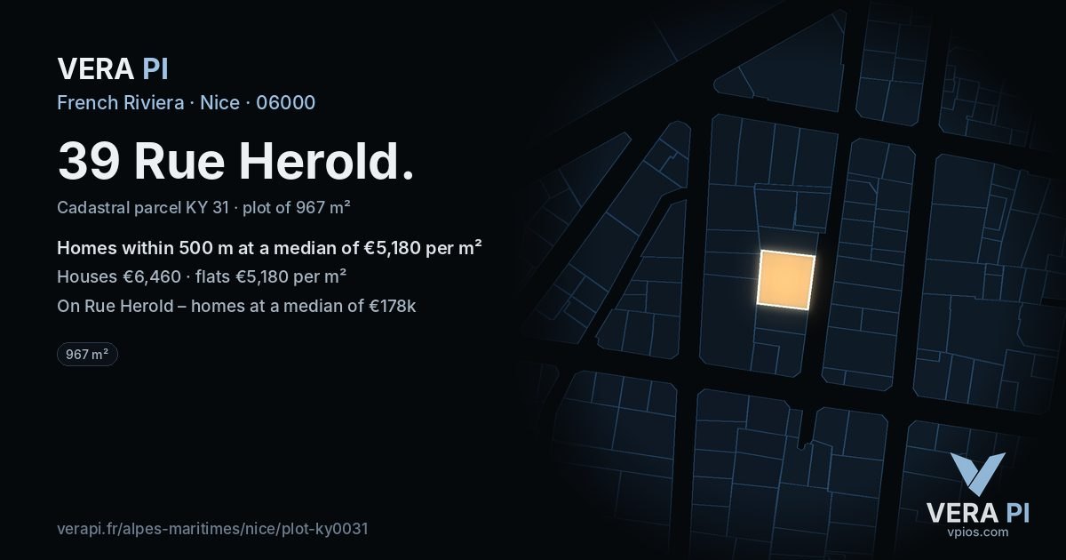 39 Rue Herold, Nice at night – the plot lit, the parcels around coloured by the prices near them