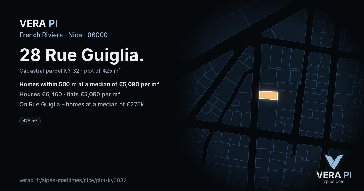 28 Rue Guiglia, Nice at night – the plot lit, the parcels around coloured by the prices near them