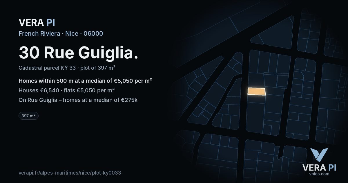 30 Rue Guiglia, Nice at night – the plot lit, the parcels around coloured by the prices near them