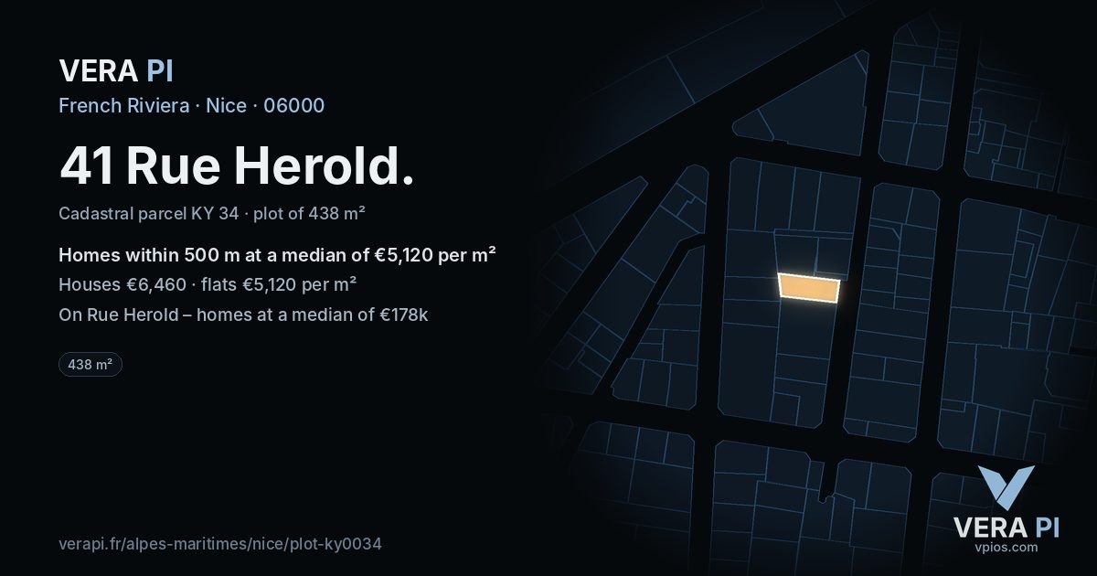 41 Rue Herold, Nice at night – the plot lit, the parcels around coloured by the prices near them