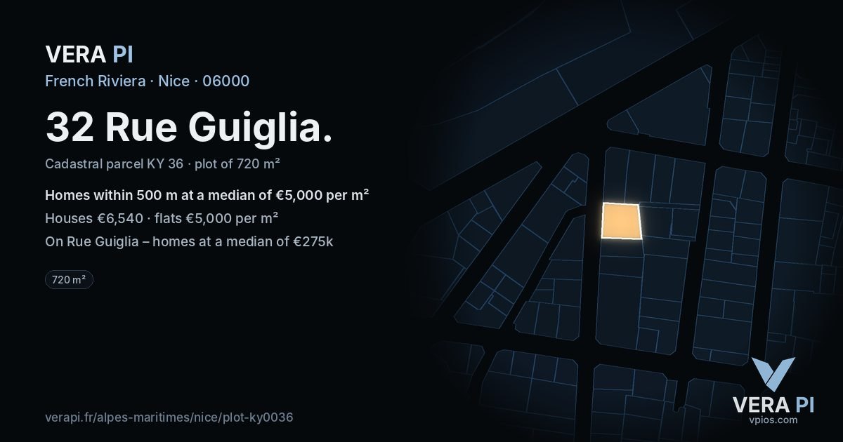32 Rue Guiglia, Nice at night – the plot lit, the parcels around coloured by the prices near them