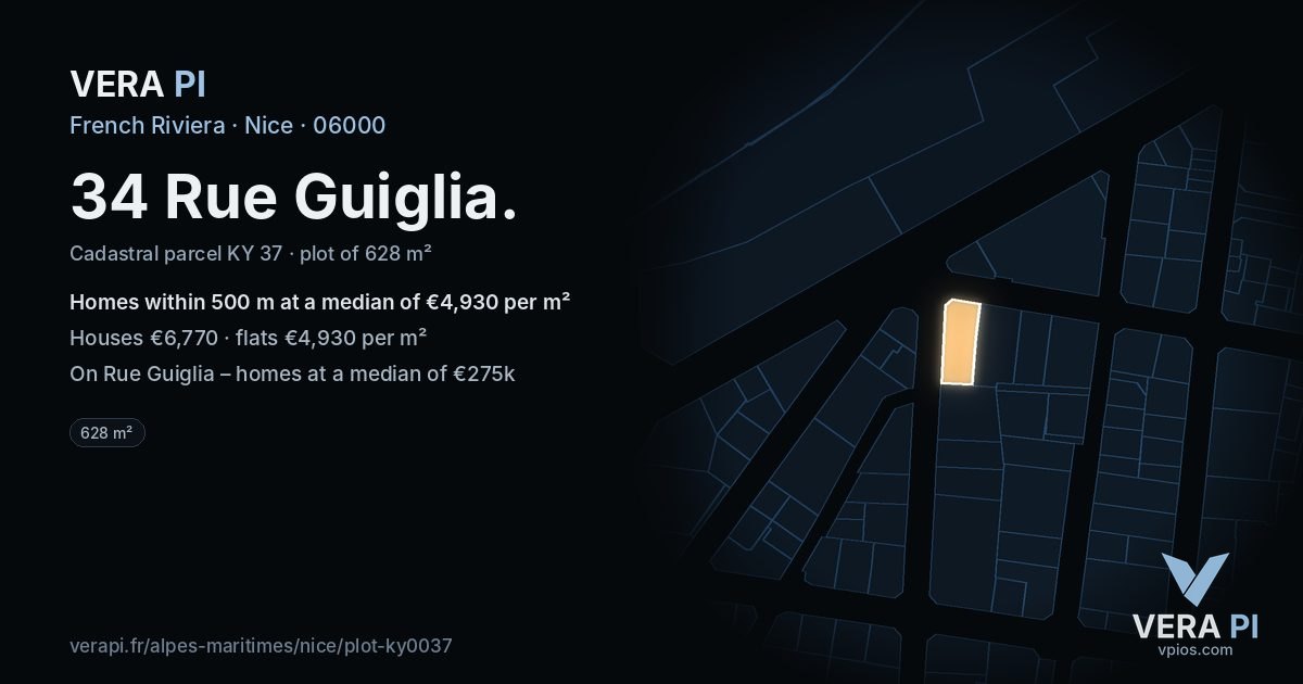 34 Rue Guiglia, Nice at night – the plot lit, the parcels around coloured by the prices near them
