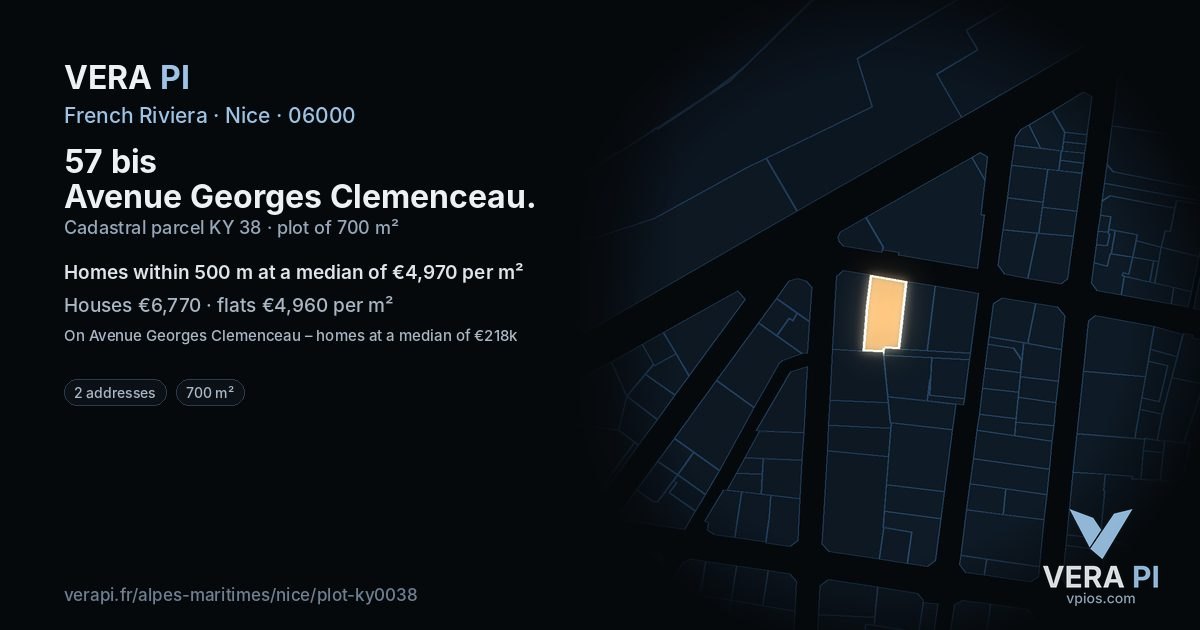 57 bis Avenue Georges Clemenceau, Nice at night – the plot lit, the parcels around coloured by the prices near them