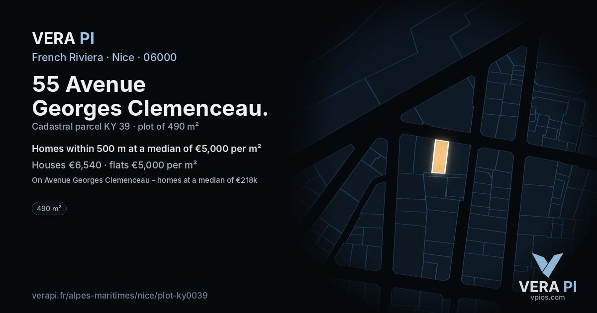 55 Avenue Georges Clemenceau, Nice at night – the plot lit, the parcels around coloured by the prices near them