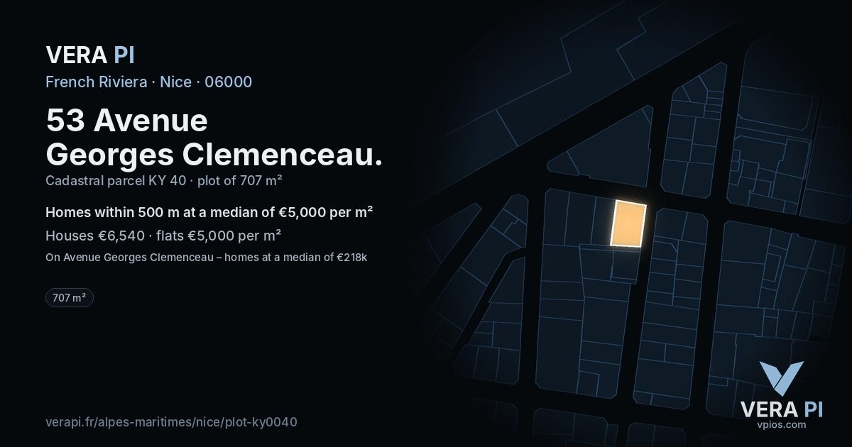 53 Avenue Georges Clemenceau, Nice at night – the plot lit, the parcels around coloured by the prices near them