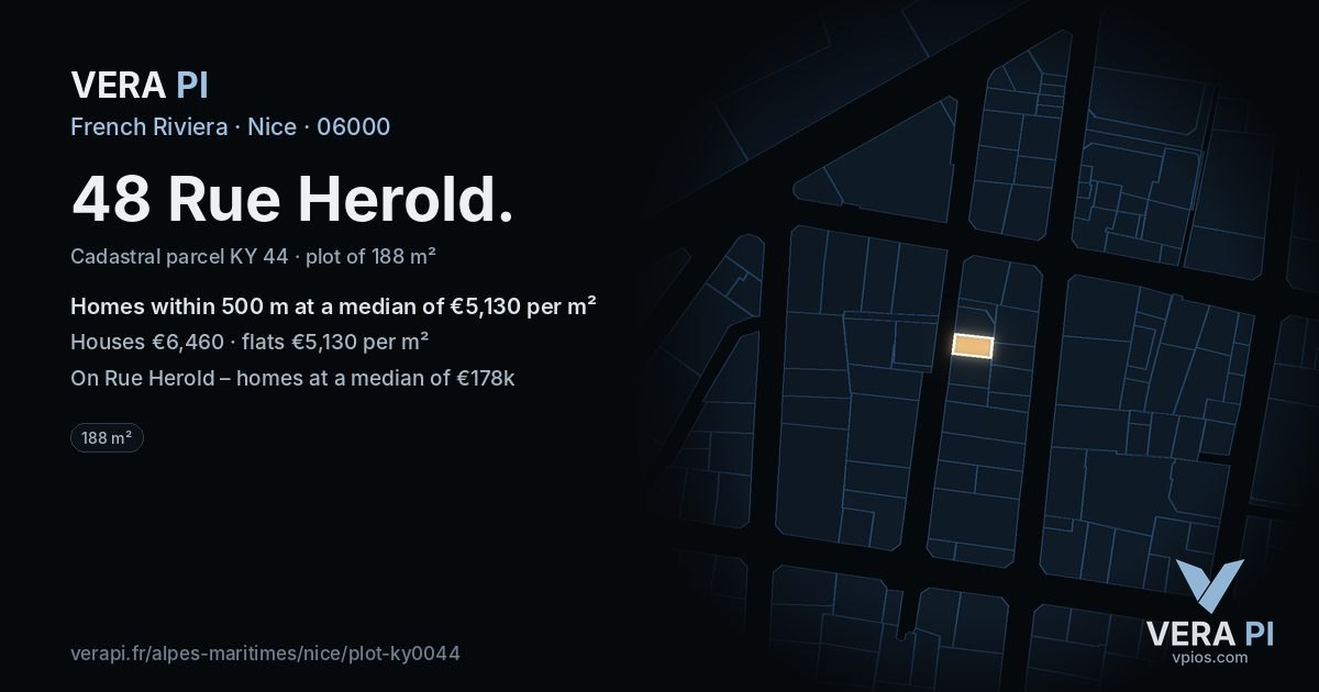 48 Rue Herold, Nice at night – the plot lit, the parcels around coloured by the prices near them
