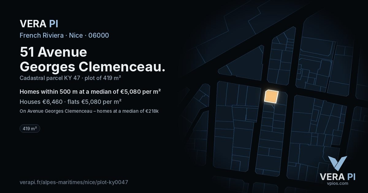 51 Avenue Georges Clemenceau, Nice at night – the plot lit, the parcels around coloured by the prices near them