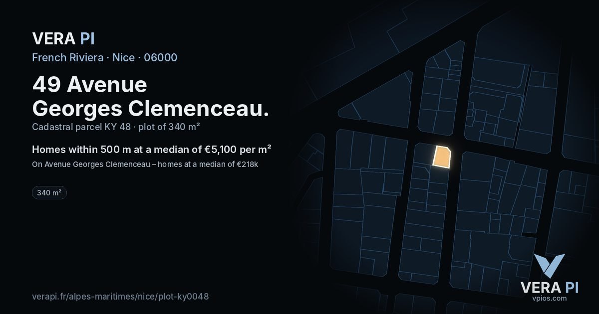49 Avenue Georges Clemenceau, Nice at night – the plot lit, the parcels around coloured by the prices near them