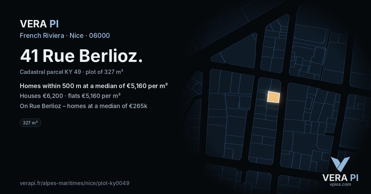 41 Rue Berlioz, Nice at night – the plot lit, the parcels around coloured by the prices near them