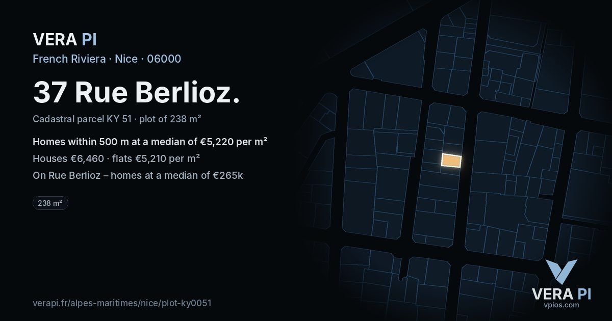 37 Rue Berlioz, Nice at night – the plot lit, the parcels around coloured by the prices near them