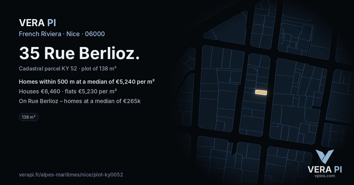 35 Rue Berlioz, Nice at night – the plot lit, the parcels around coloured by the prices near them