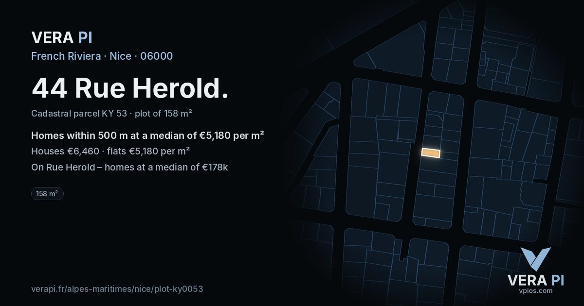 44 Rue Herold, Nice at night – the plot lit, the parcels around coloured by the prices near them