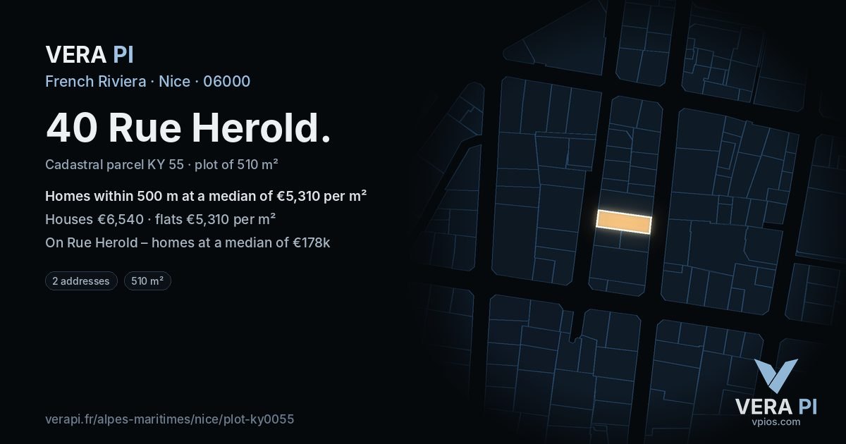 40 Rue Herold, Nice at night – the plot lit, the parcels around coloured by the prices near them