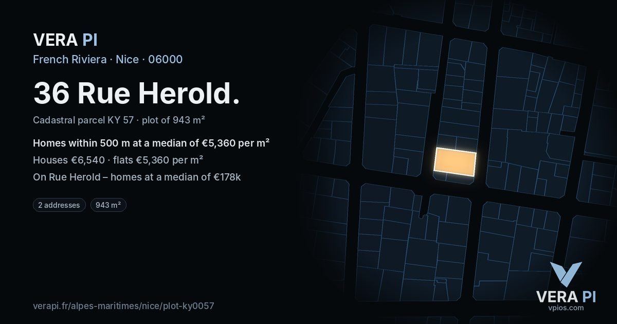 36 Rue Herold, Nice at night – the plot lit, the parcels around coloured by the prices near them