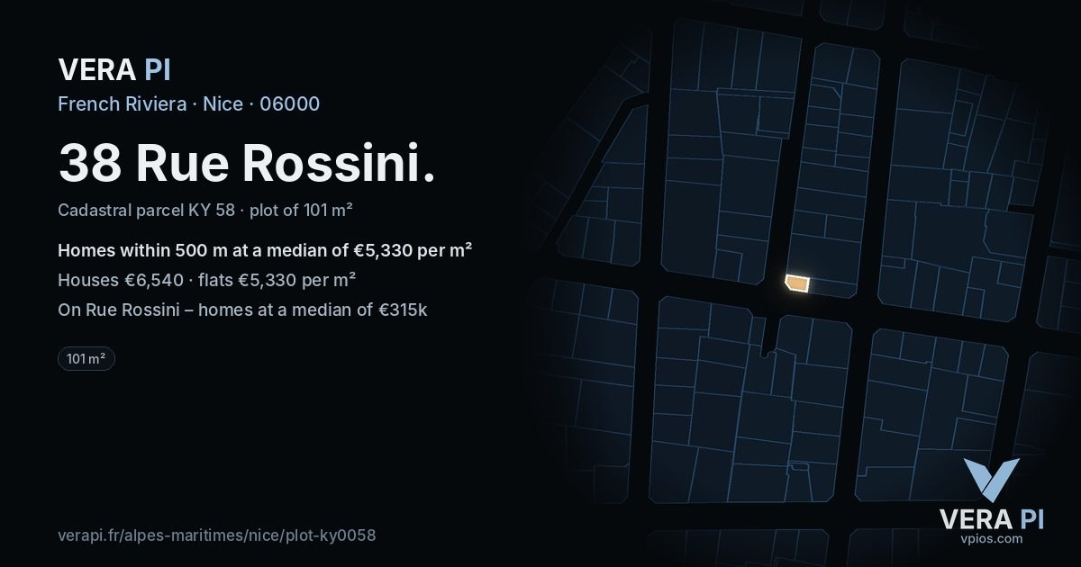 38 Rue Rossini, Nice at night – the plot lit, the parcels around coloured by the prices near them