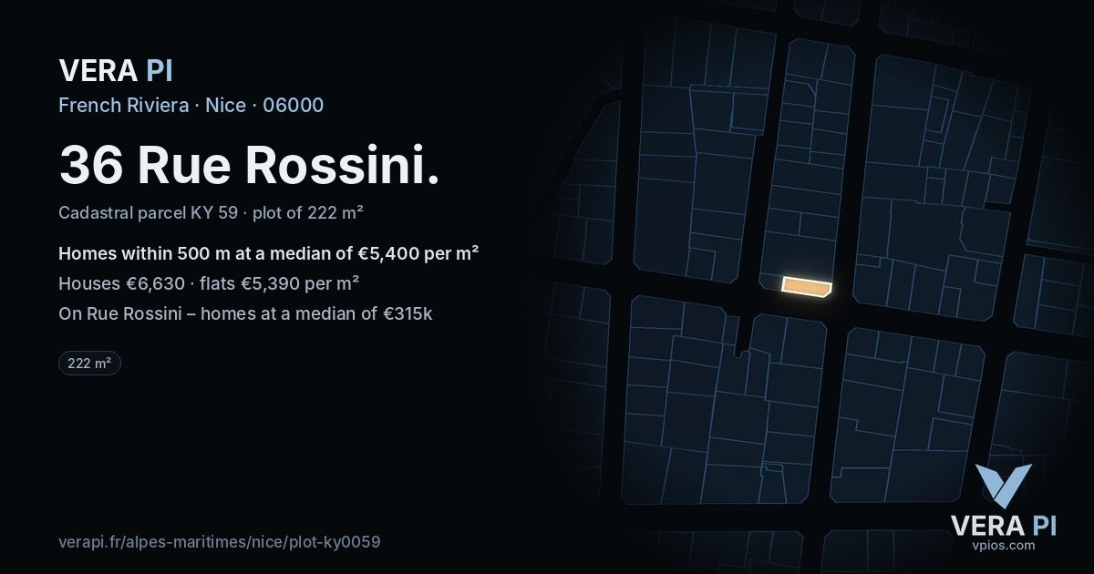 36 Rue Rossini, Nice at night – the plot lit, the parcels around coloured by the prices near them