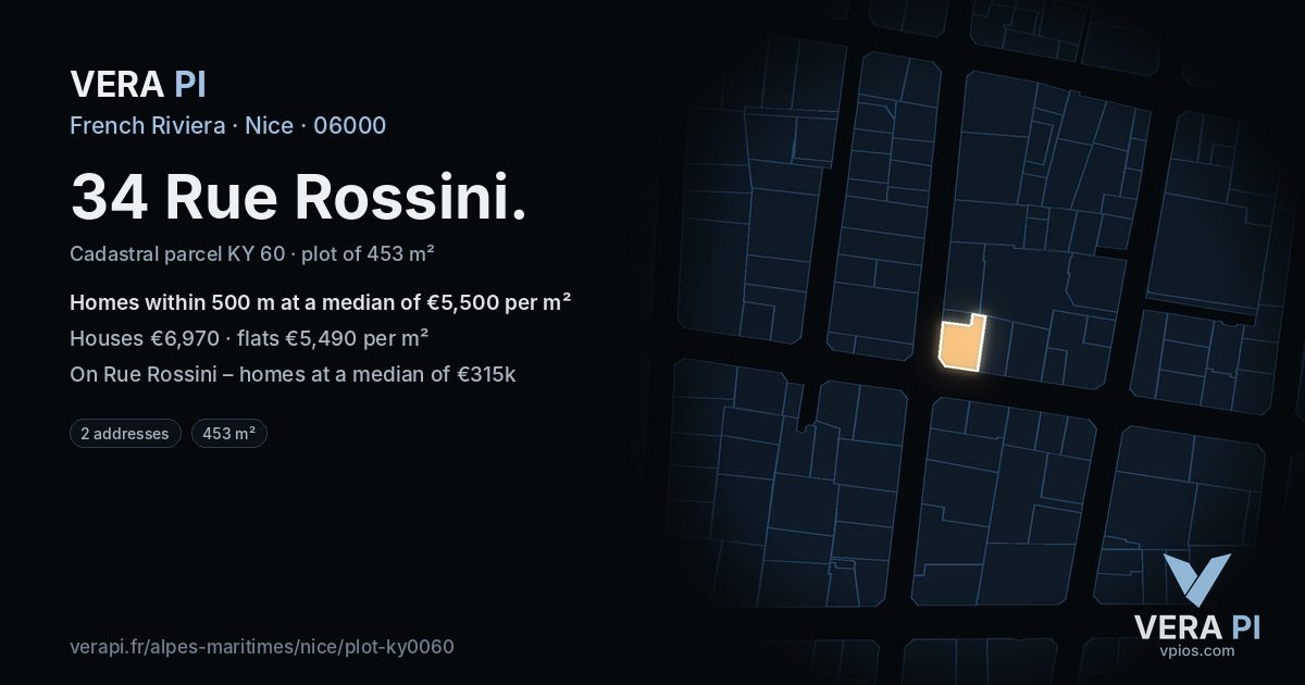 34 Rue Rossini, Nice at night – the plot lit, the parcels around coloured by the prices near them