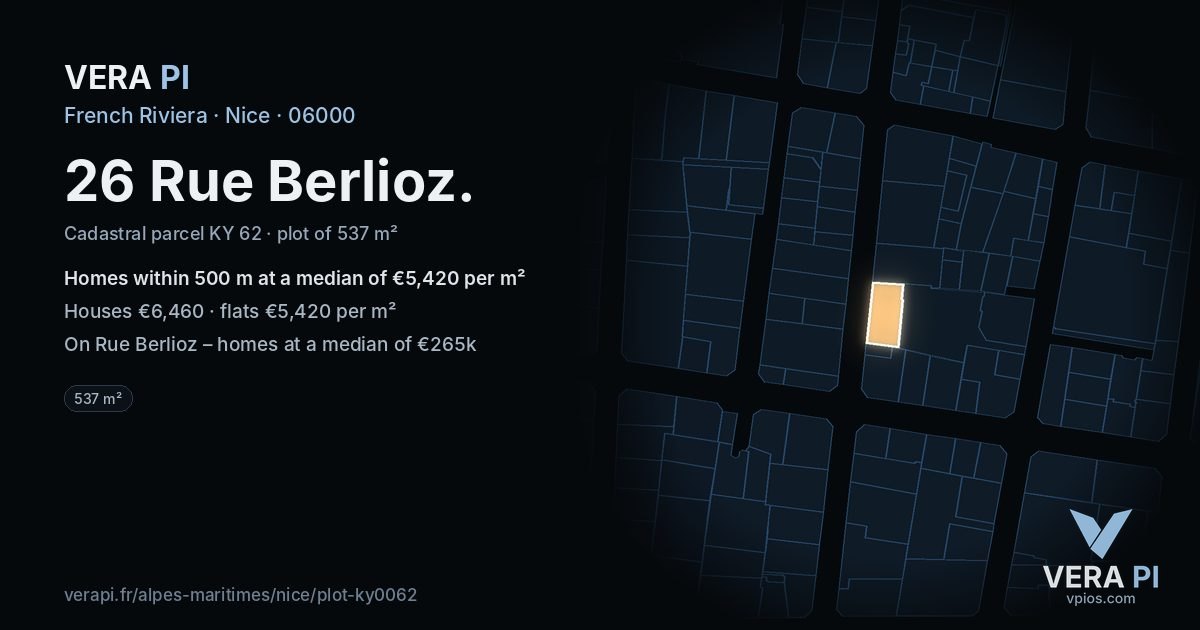 26 Rue Berlioz, Nice at night – the plot lit, the parcels around coloured by the prices near them