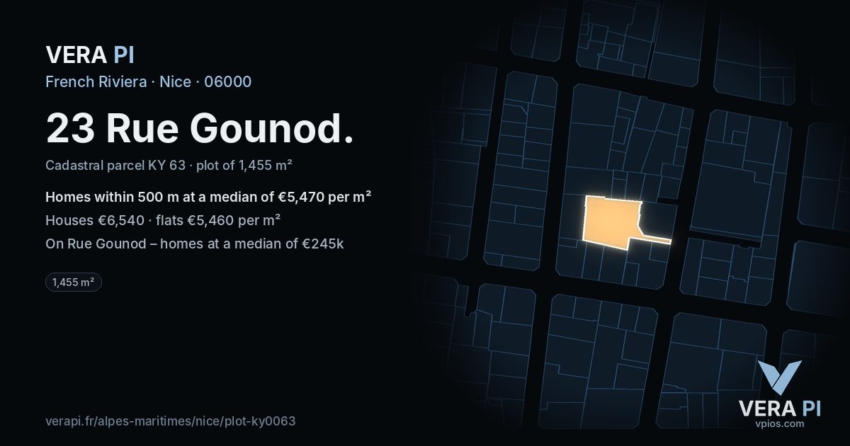 23 Rue Gounod, Nice at night – the plot lit, the parcels around coloured by the prices near them