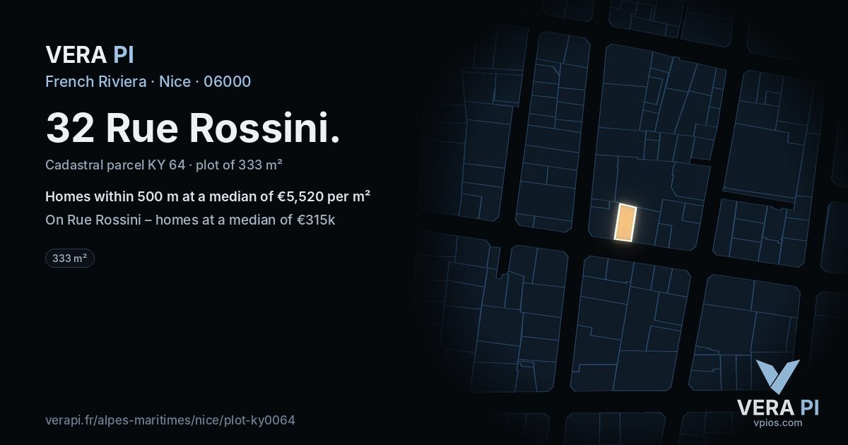 32 Rue Rossini, Nice at night – the plot lit, the parcels around coloured by the prices near them
