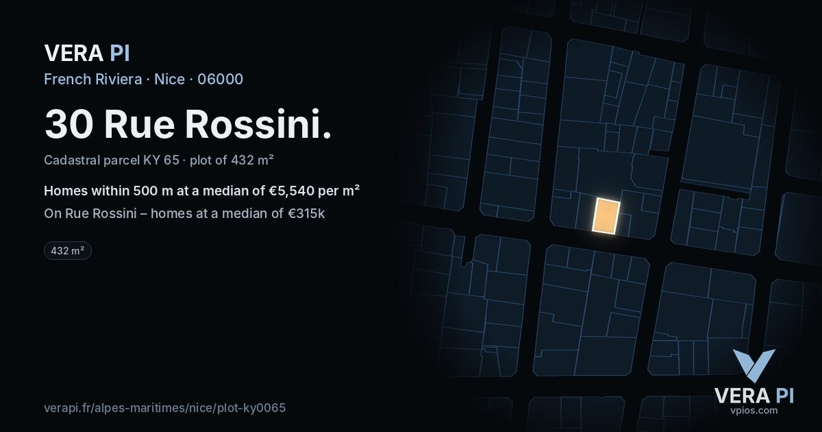 30 Rue Rossini, Nice at night – the plot lit, the parcels around coloured by the prices near them