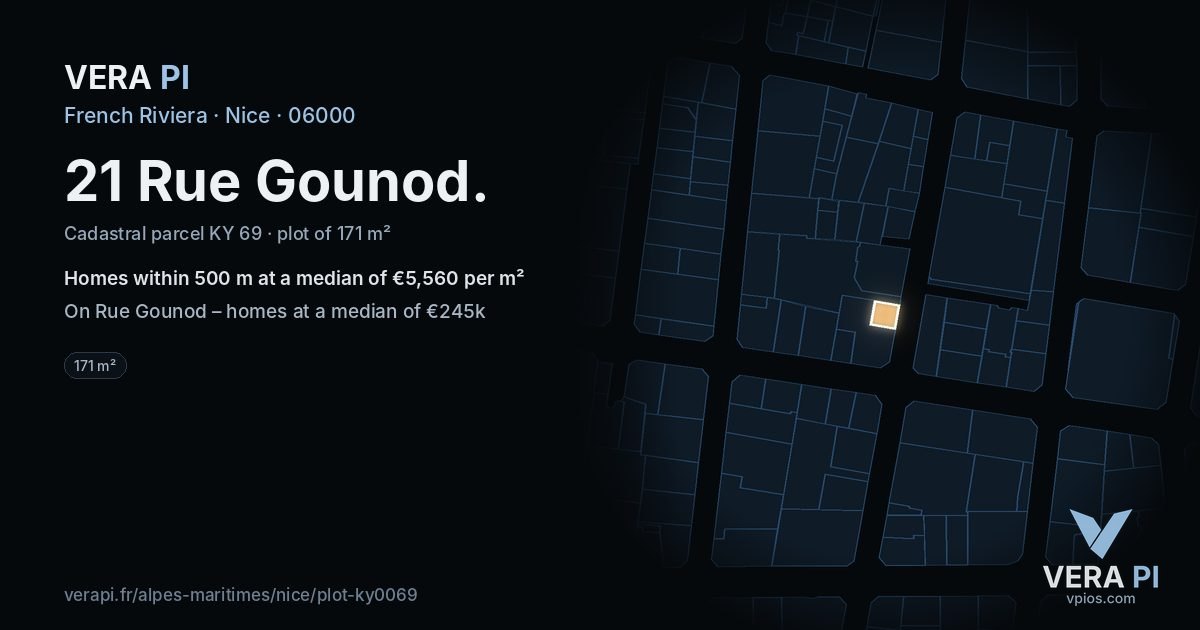 21 Rue Gounod, Nice at night – the plot lit, the parcels around coloured by the prices near them
