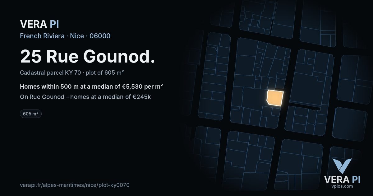 25 Rue Gounod, Nice at night – the plot lit, the parcels around coloured by the prices near them
