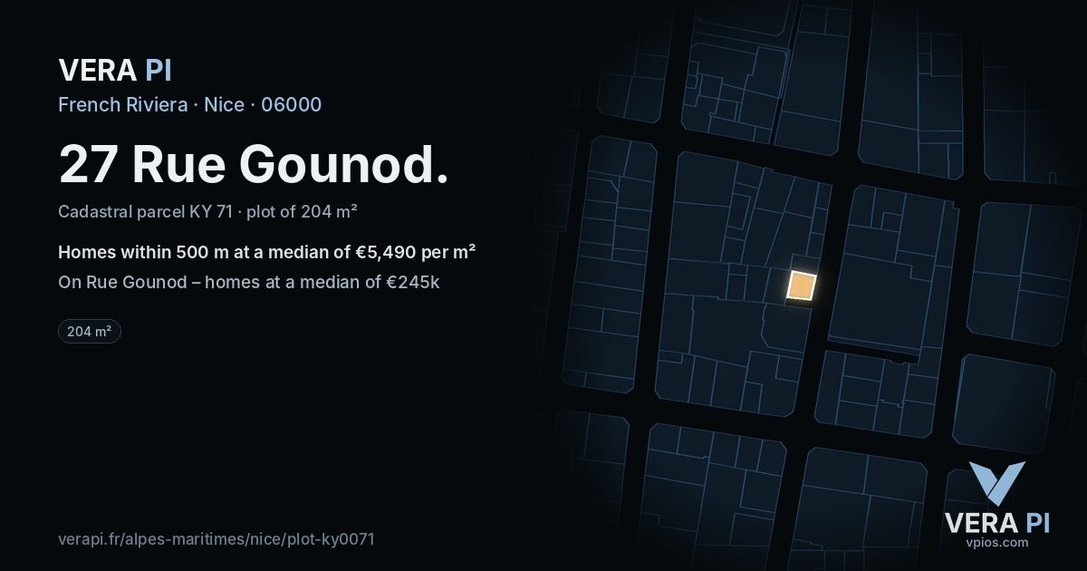 27 Rue Gounod, Nice at night – the plot lit, the parcels around coloured by the prices near them