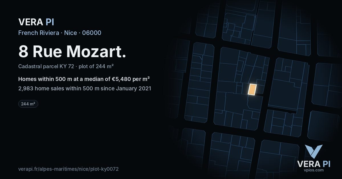 8 Rue Mozart, Nice at night – the plot lit, the parcels around coloured by the prices near them