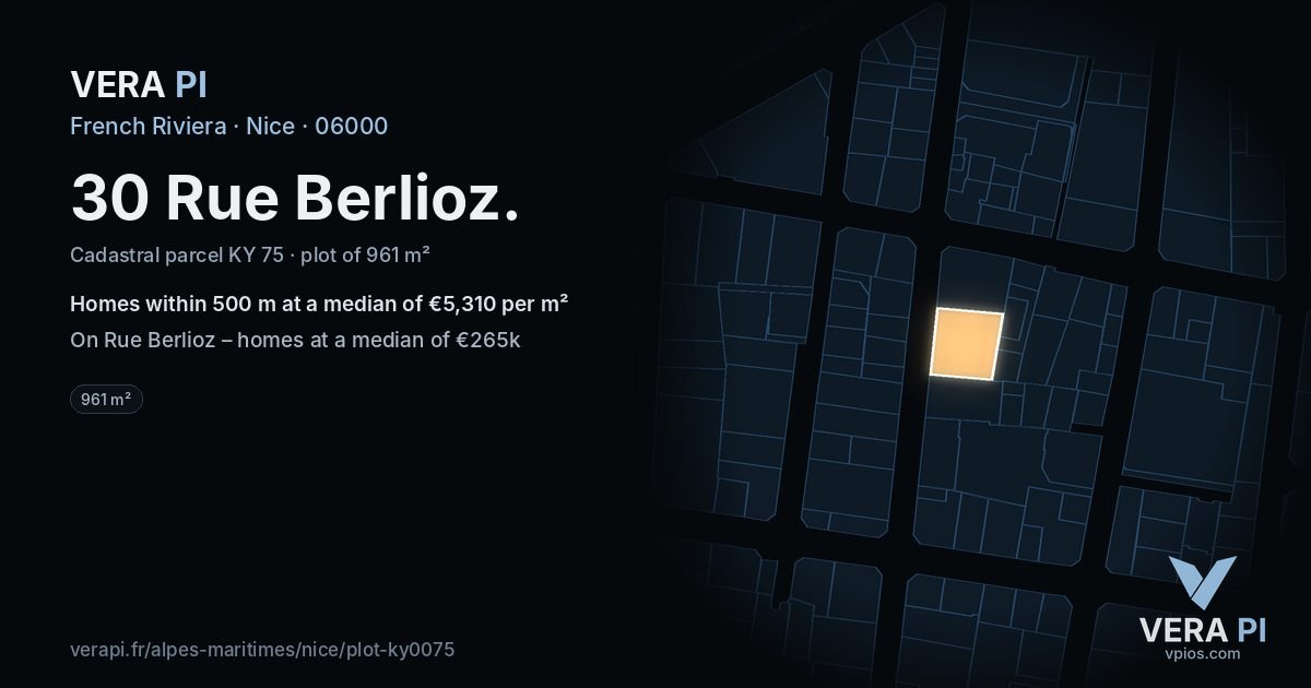 30 Rue Berlioz, Nice at night – the plot lit, the parcels around coloured by the prices near them