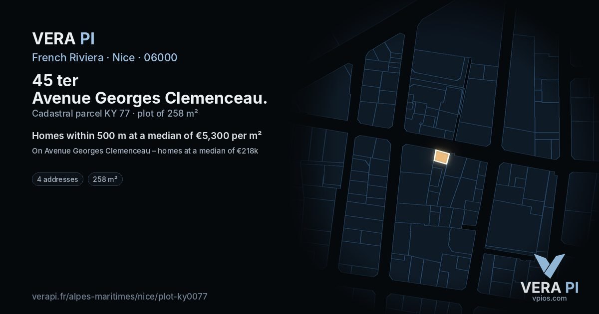 45 ter Avenue Georges Clemenceau, Nice at night – the plot lit, the parcels around coloured by the prices near them