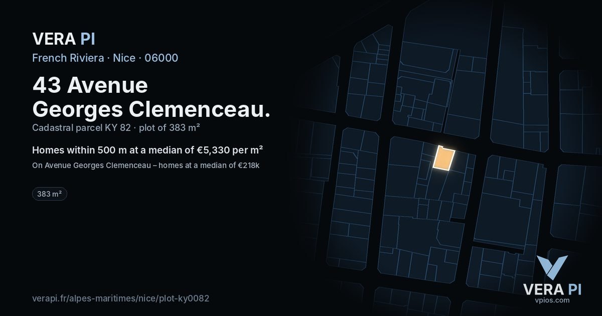 43 Avenue Georges Clemenceau, Nice at night – the plot lit, the parcels around coloured by the prices near them