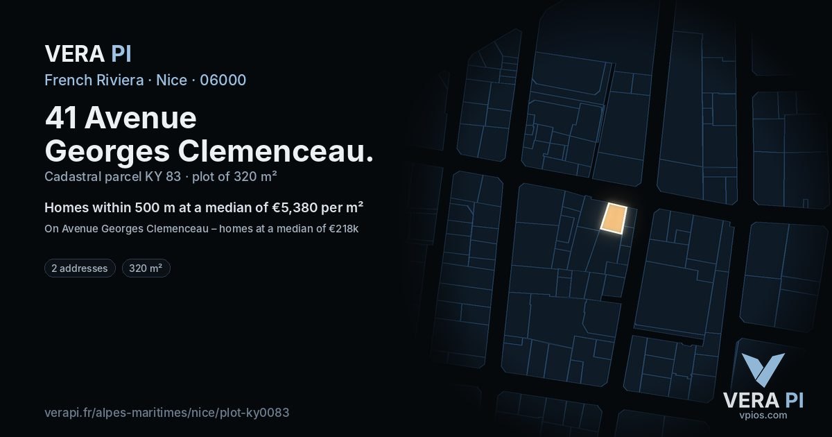 41 Avenue Georges Clemenceau, Nice at night – the plot lit, the parcels around coloured by the prices near them